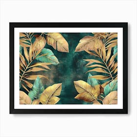 3d Tropical Seamless Border Luxury Illustration Exotic Green Beige Brown Pink Golden Leaves Vintage Artwork Art Print