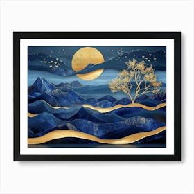 3d Modern Art With Blue Night Landscape With Dark Mountains, Giant Golden Tree And Gold 1 Art Print