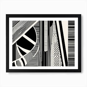 Retro Inspired Linocut Abstract Shapes Black And White Colors art, 203 Art Print