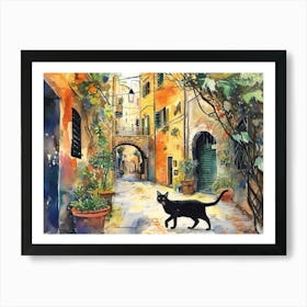 Black Cat In Napoli, Italy, Street Art Watercolour Painting 1 Art Print