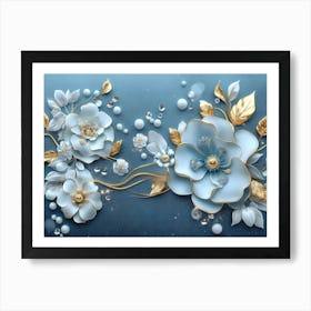 3d Artwork Illustration White and Blue Background with Golden Jewelry and Flowers 5 Art Print