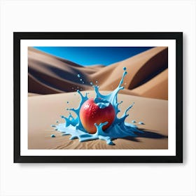 3d Illustration Of A Red Apple Submerged In Blue Liquid, Creating A Splash With Droplets And A Desert Landscape In The Background Art Print