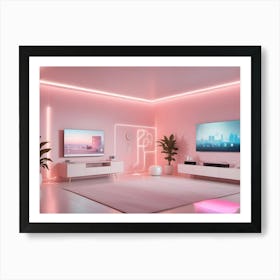 A Modern Living Room With A Pink Accent Wall And White Furniture Art Print