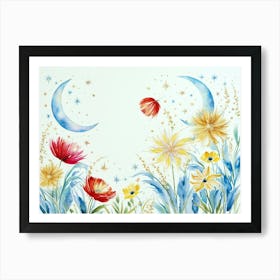 Moon And Flowers 1 Art Print