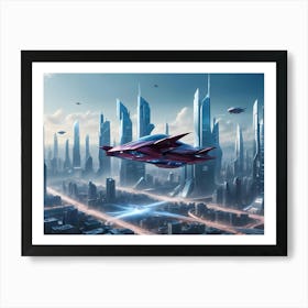 A Futuristic Red Flying Car Soars Over A Sprawling Metropolis With Sleek Skyscrapers Reaching For The Sky Poster