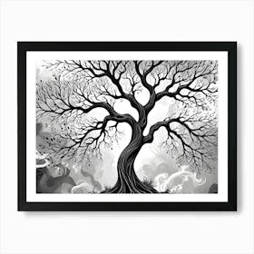 Abstract Black And White Illustration Of A Tree With Twisted Branches And A Swirling Background Art Print