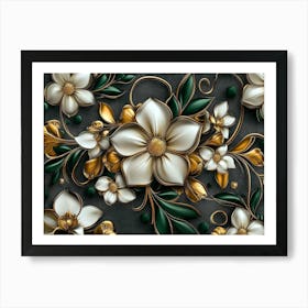 Luxury Floral Seamless with Flowers Elegant Leather Texture Illustration Golden, Green, White Art Print