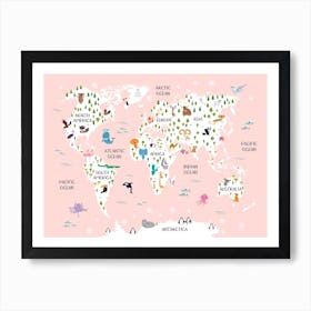 Kids Animal World Map In Pink Art Print