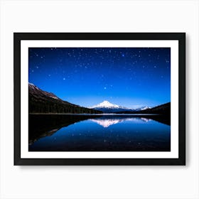 Snowy Peak Of A Mountain Range Mirrored Perfectly On The Serene Surface Of A Star Lit Lake Midnight Art Print