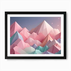 A Colorful, Low Poly Mountain Range With A Sunset Sky And Flying Paper Airplanes, Creating A Whimsical And Dreamy Atmosphere Art Print