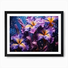 Purple Iris Flowers With Water Drops Art Print