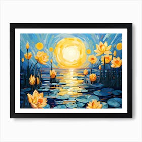 Golden Lotus Flower Landscape, Vincent Van Gogh Inspired Art Print