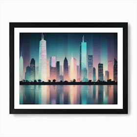 A Stylized Cityscape Skyline With Colorful Neon Lights Reflecting In A Body Of Water Art Print