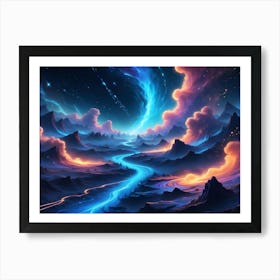 A Surreal Landscape With Mountains, Clouds, And A River Of Glowing Blue Light, Creating A Sense Of Wonder And Otherworldliness Art Print