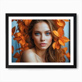 Artistic portrait beautiful woman blue eyes behind orange autumn leaves 2 Art Print
