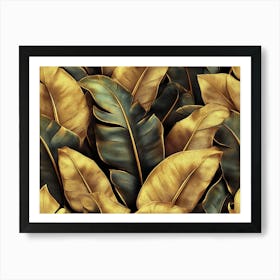 Tropical Seamless Pattern, Golden Grunge Banana Leaves, Palm in The Jungle Art Print