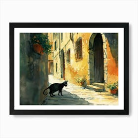 Black Cat In Reggio Emilia, Italy, Street Art Watercolour Painting 1 Art Print