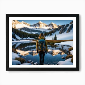 Woman trekking at snowy winter Alps, Rocky Mountains 12 Art Print