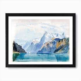 The Sea and Snow-capped Mountains Vintage 19th Century Watercolour Painting Art Print