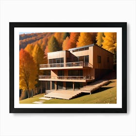 A Minimalist Image Of A Modern Wooden House, Set Against A Backdrop Of Autumnal Trees, Representing A Cozy And Peaceful Retreat Art Print