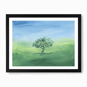Lone Tree Landscape Painting blue green nature sky plant hand painted impressionism living room bedroom calm soothing Art Print