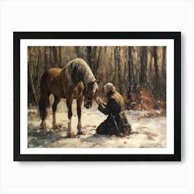 An oil painting of old man in front of his horse, with the winter forest behind him Art Print