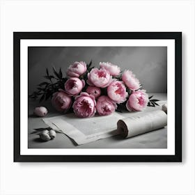 A Still Life Arrangement Of Pink Peonies, A Handwritten Note, And Cotton Balls, Creating A Romantic And Nostalgic Scene Art Print