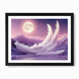 Philosophical 3d Surrealism Art with Soft Lilac Background, Elegant Ivory Feathers, Celestial Ranges and Luminous 1 Art Print