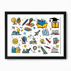 Cartoon Icons Representing Events And Education Sketched By Hand Hand Drawn Animation Style Depic Art Print