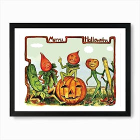 Merry Vegetables In Garden With Carved Pumpkin, Halloween Poster Art Print