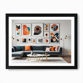 A Modern Living Room With A Gray Sectional Sofa, Two Coffee Tables, A Gallery Wall Of Abstract Prints, And Gold Accent Pieces Art Print