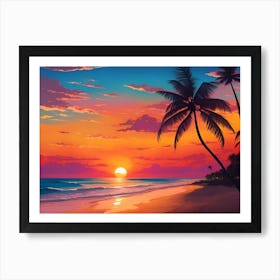 A Tranquil Beach At Sunset Horizontal Illustration 29 Art Print