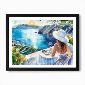 Watercolor Painting Of A Woman In A Large White Summer Hat Next To The Sea V2 Art Print