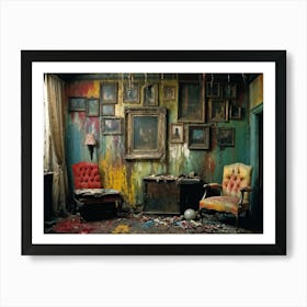 Interior Of A Vintage Horror Inspired Room With Rainbow Hued Aged Grunge Wallpaper Peeling Away To 2 1 Art Print