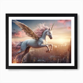 Unicorn Flying Over City Art Print