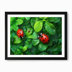 Ladybugs On Green Leaves 1 Art Print