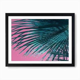 Blue-green palm leaf meets pink sky Art Print