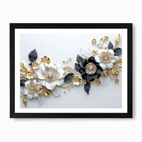 3d White And Blue Background With Golden Jewelry And Flowers In Black Design 1 Art Print