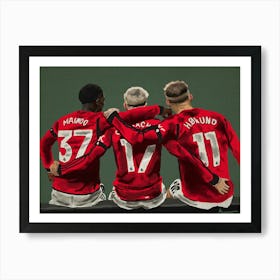 Manchester United Players Hugging Mainoo Garnacho and Højlund Art Print