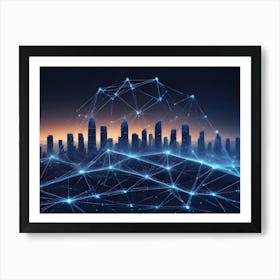 Abstract Image Of A Glowing, Blue Network Over A Cityscape Silhouette Art Print