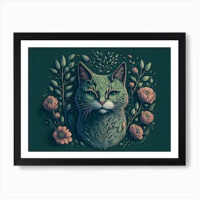 Green Cat With Flowers 3 Art Print