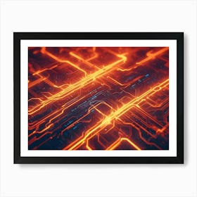 Abstract Image Of A Network Of Glowing Orange Lines, Resembling A Circuit Board Or A Technological Network Art Print