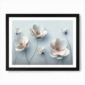 3d Art With Simple Floral Painting Light Blue Art Print