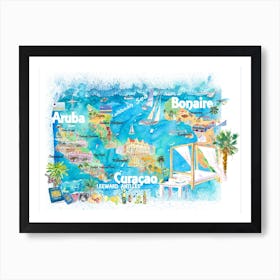 Aruba Bonaire Curacao Dutch Caribbean Illustrated Travel Map With Roads And Highlights Art Print