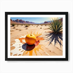 A Yellow Apple Lies On A Desert Landscape, Surrounded By A Splash Of White, Orange, And Red Paint Art Print