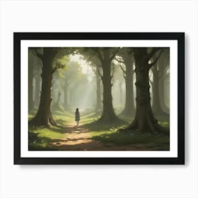 A Woman Walks Down A Path In A Misty, Sun Dappled Forest, Creating A Sense Of Mystery And Exploration Art Print