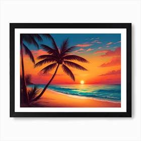 A Tranquil Beach At Sunset Horizontal Illustration 16 Art Print