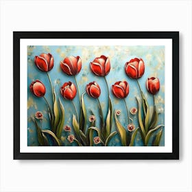 Painting Group Red Tulips Blue Background Are Arranged Tulip Flower 1 Art Print