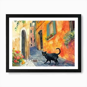 Black Cat In Rome, Italy, Street Art Watercolour Painting 2 Art Print