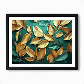 Golden Leaves On Green Background Art Print